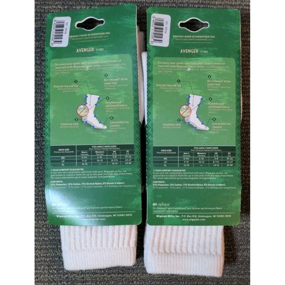 2 Pr Wigwam Unisex Size Large White Crew Socks Avenger Cushioned Sole‎ New C-T